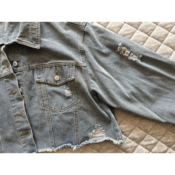 Frenchy Cropped Raw Hem Distressed Light Blue Denim Jacket Jean Plus 3XL Shein - Picture 11 of 16